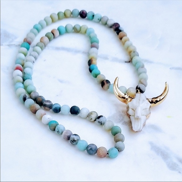 HP!🆕🐃Natural Amazonite Stone Bull Necklace🐃🆕 - Picture 4 of 6